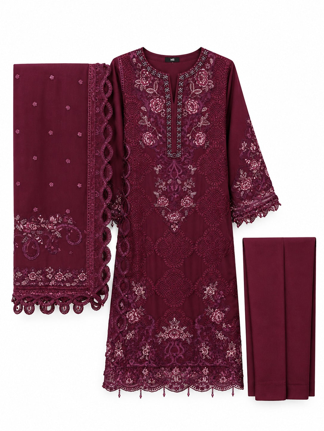 Burgundy Elegance | Luxury Maroon Embroidered 3-Piece Suit