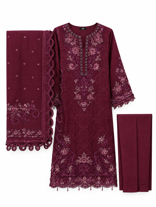 Burgundy Elegance | Luxury Maroon Embroidered 3-Piece Suit