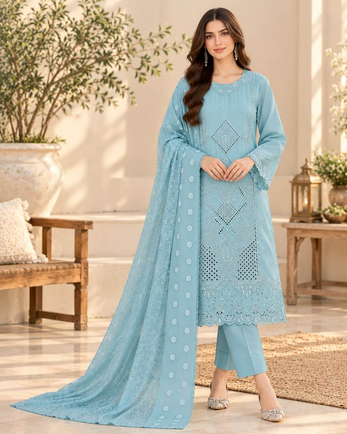 Azure Serenity | Luxury Ice Blue Embroidered 3-Piece Winter Cambric