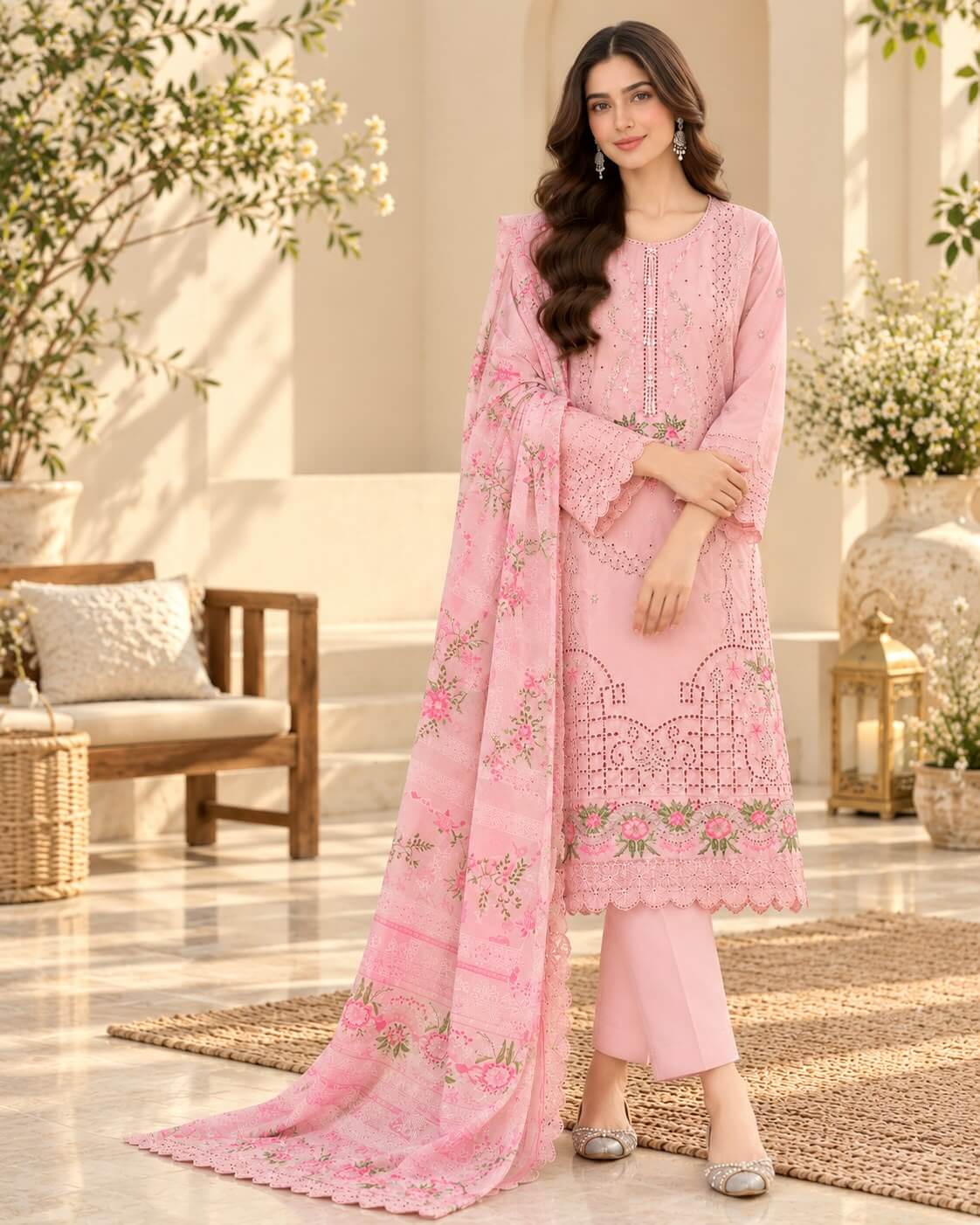 Blush Blossom | Luxury Baby Pink Embroidered 3-Piece Winter Cambric
