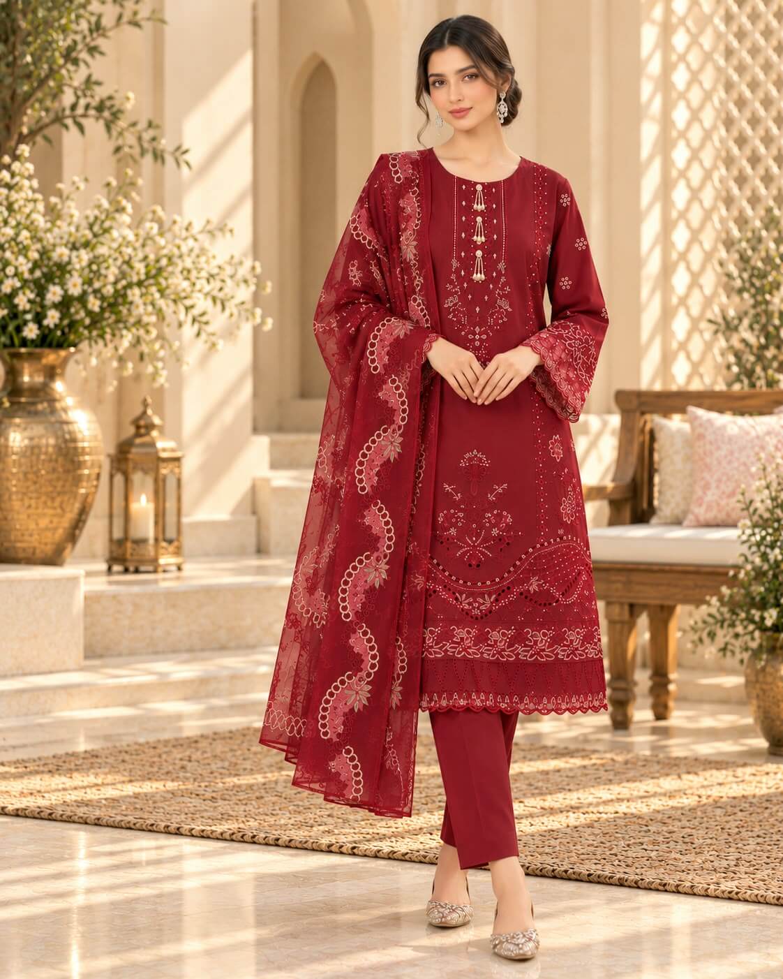 Ruby Charm | Luxury Maroon Embroidered 3-Piece Winter Cambric Suit