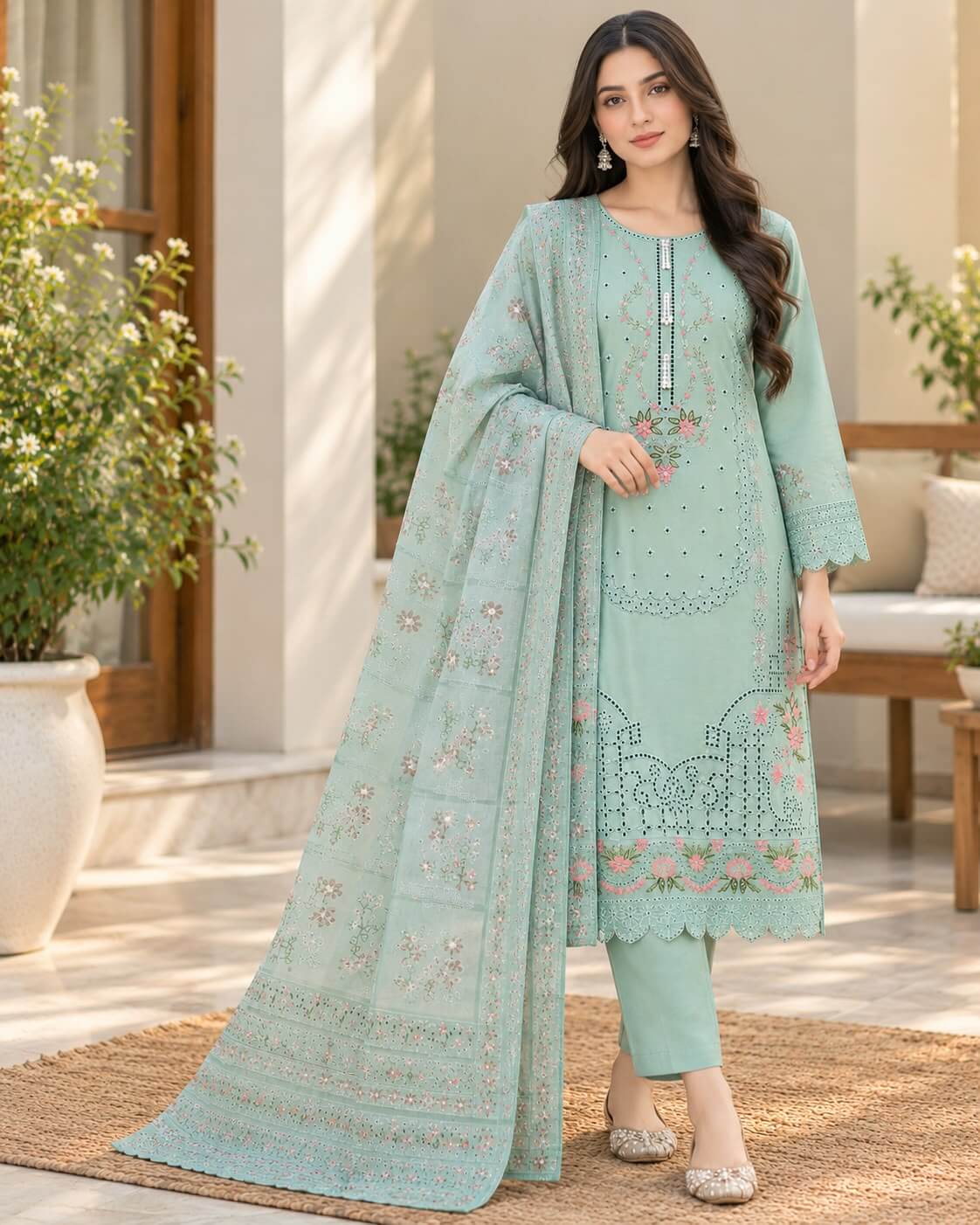 Mint Green Floral Chikankari Embroidered 3-Piece Winter Cambric Suit