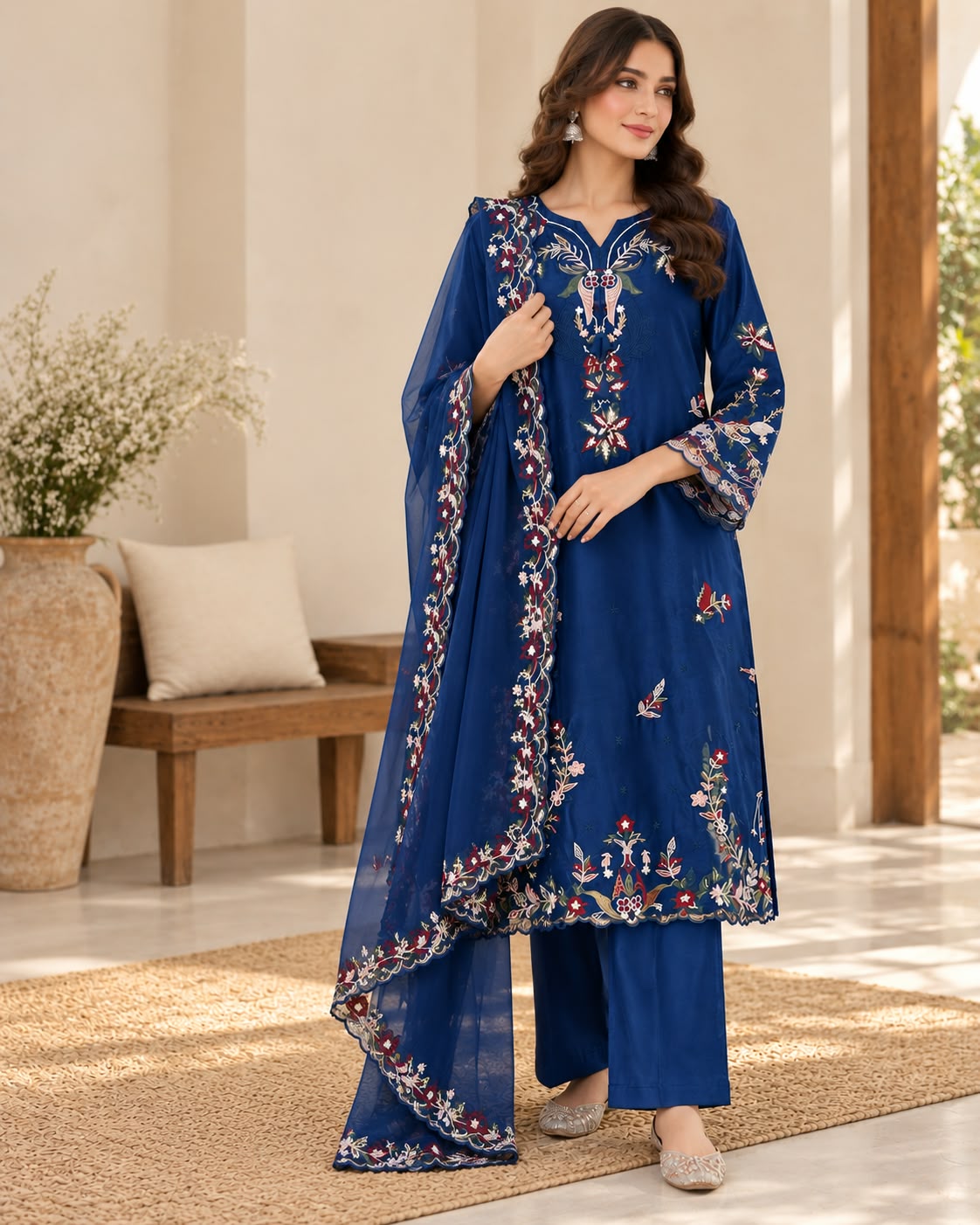Royal Sapphire Floral Embroidered 3-Piece Suit