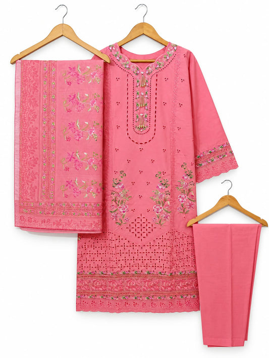 Blush Pink Floral Embroidered 3-Piece Winter Cambric