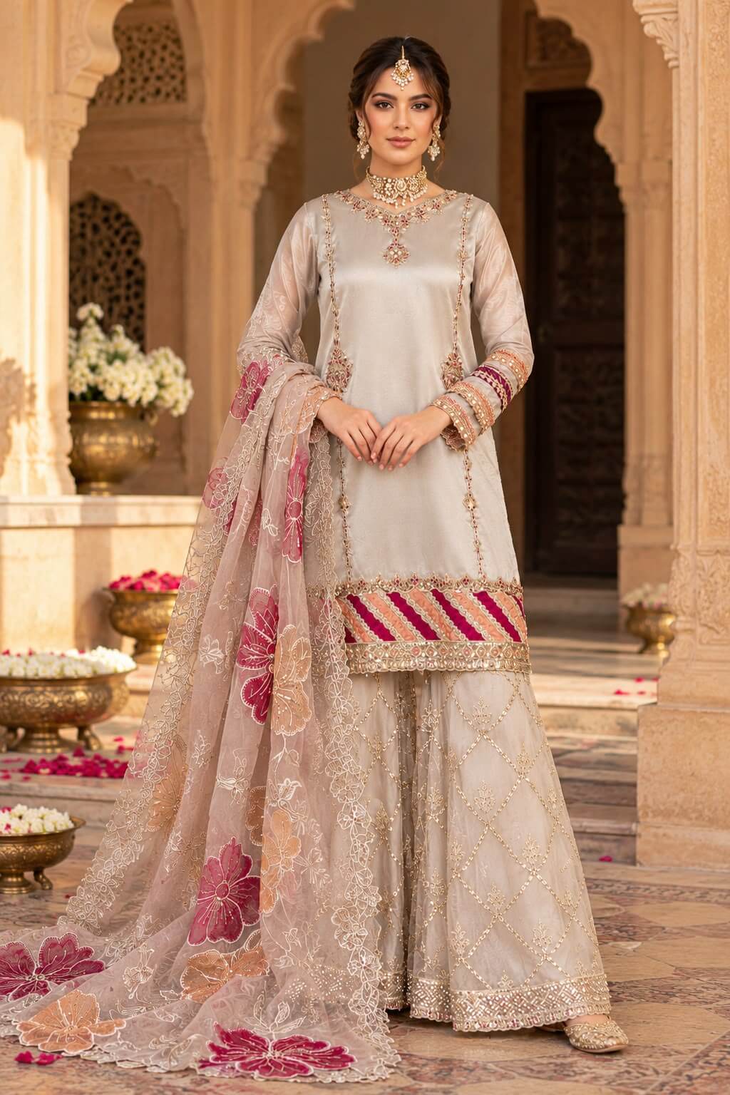 Royal Champagne Embroidered 3-Piece Formal Dress with Sharara & Organza Dupatta