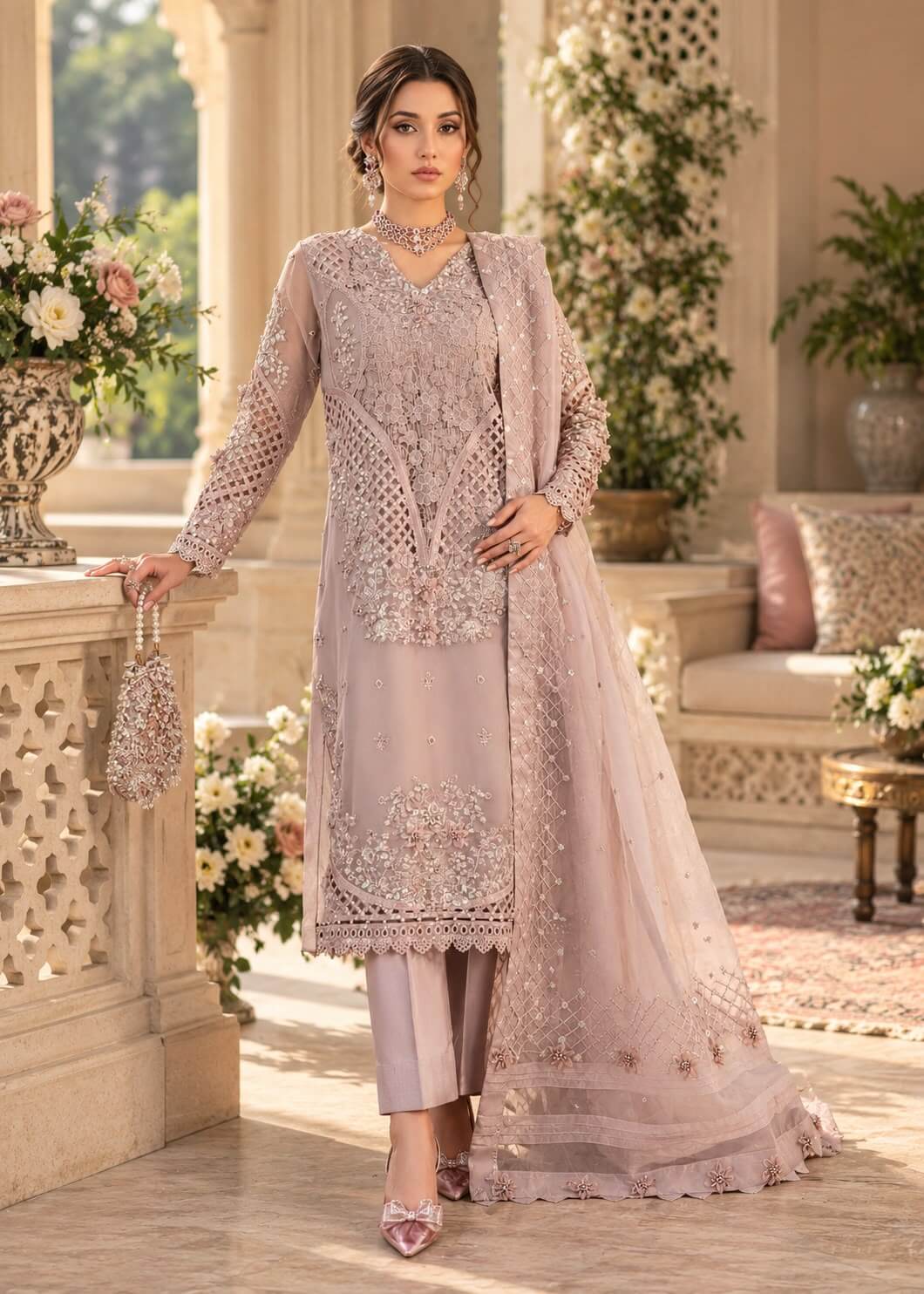 Dusty Mauve Embroidered 3-Piece Formal Suit with Organza Dupatta