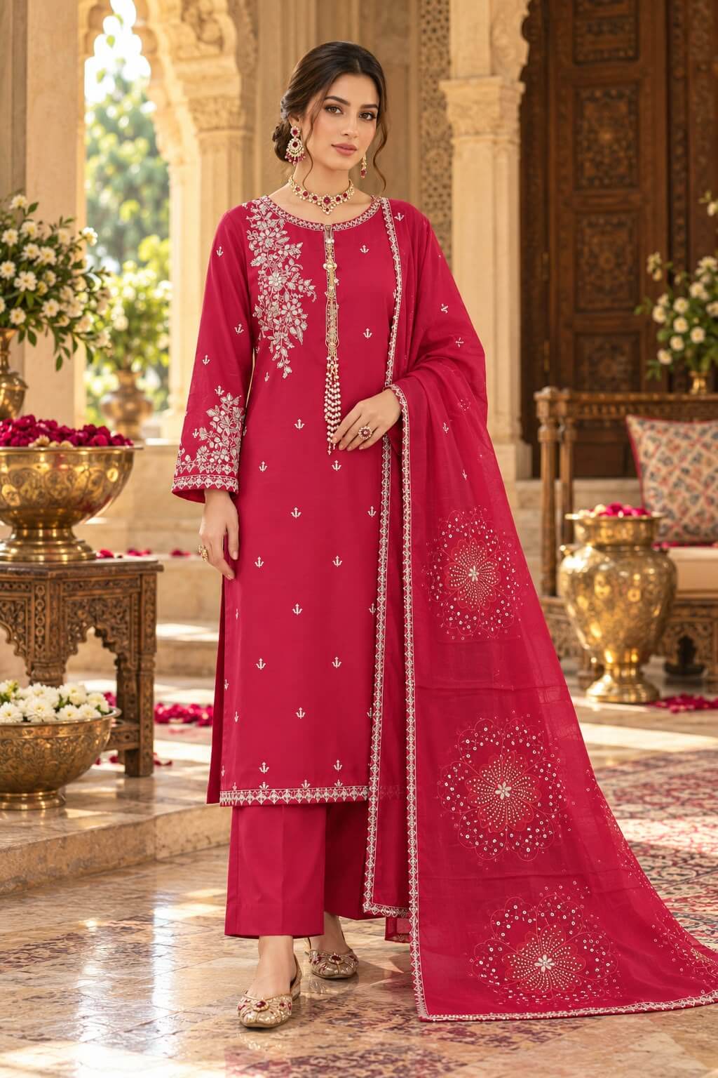 Ruby Red Embroidered 3-Piece Formal Suit with Matching Dupatta