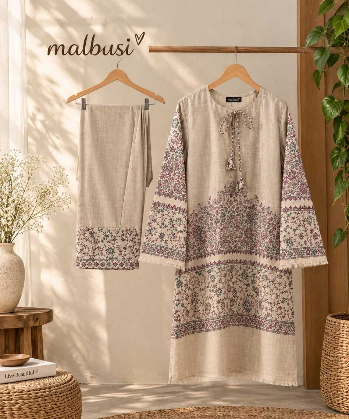 Dhanak Printed Beige 2-Piece Suit