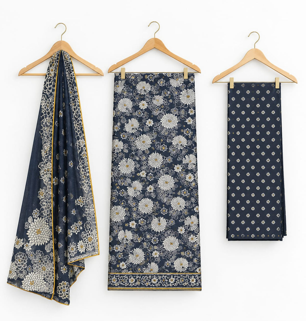 Navy Blue Floral Khaddar 3-Piece Suit with Chiffon Dupatta
