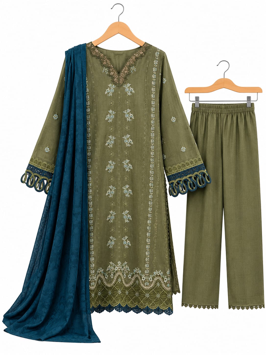 Olive Green Embroidered 2-Piece
