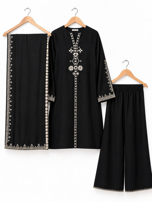Black Khaddar Embroidered 3-Piece Suit