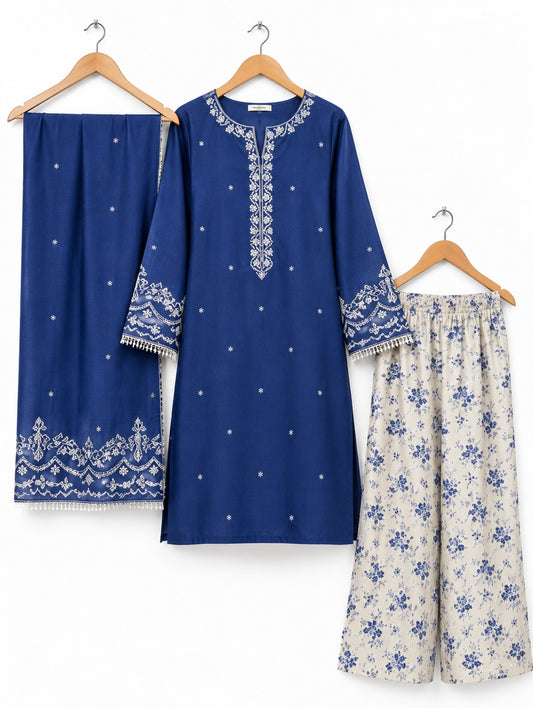 Royal Blue Embroidered Khaddar 3-Piece Suit