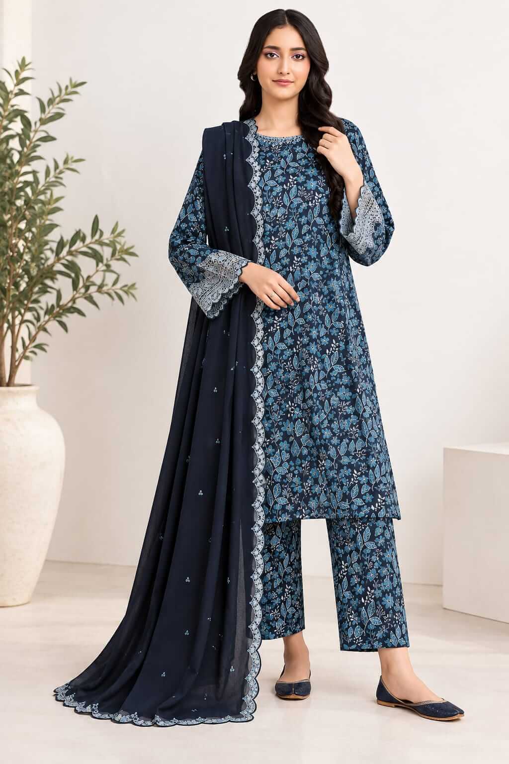 Navy Blue Printed Twill 3-Piece Suit