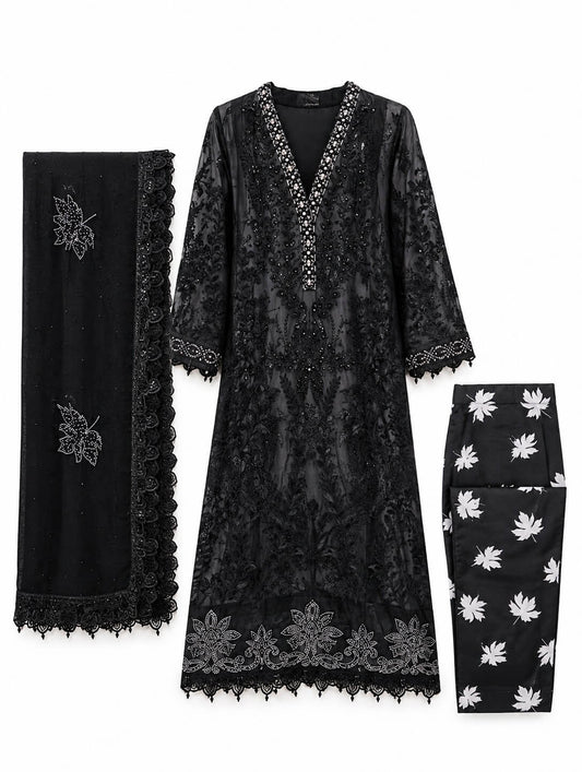 Midnight Noir | Embroidered 3-Piece Suit - Black