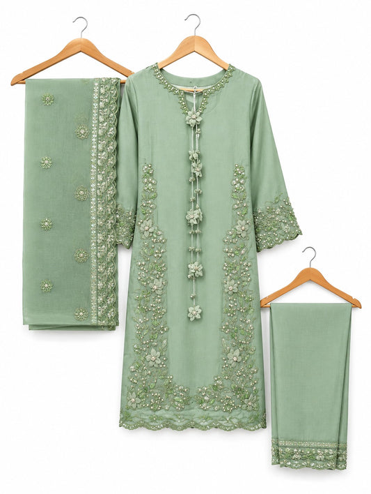 Blush Royale | Embroidered 3-Piece Suit - Sea Green