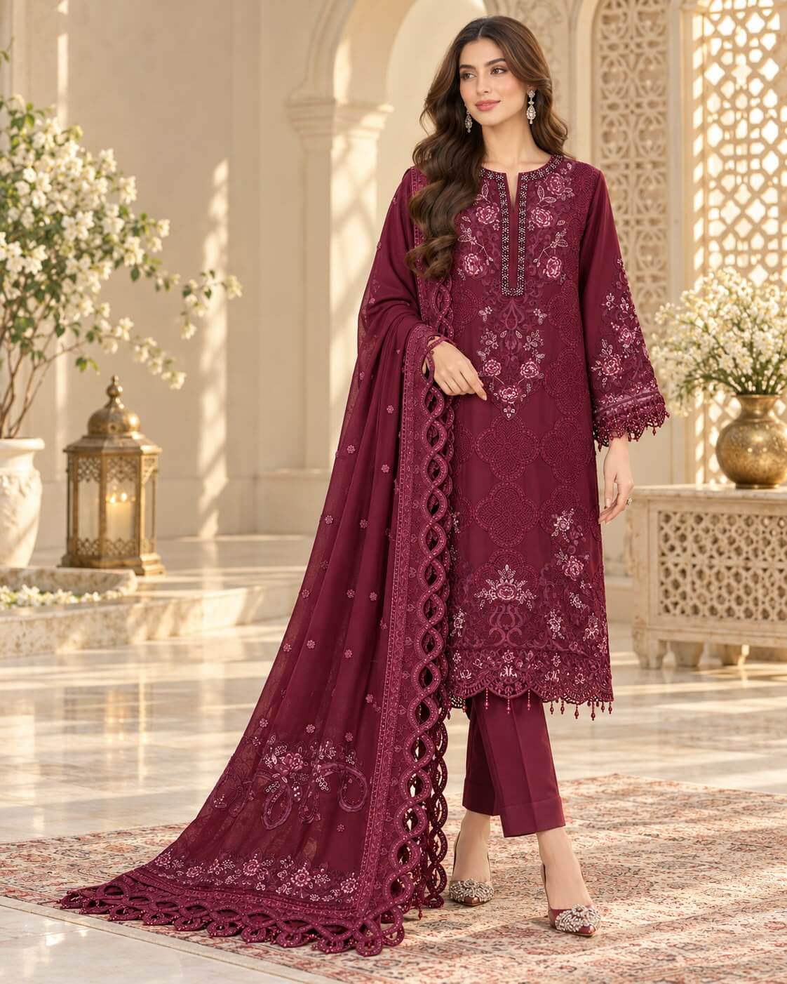 Burgundy Elegance | Luxury Maroon Embroidered 3-Piece Suit