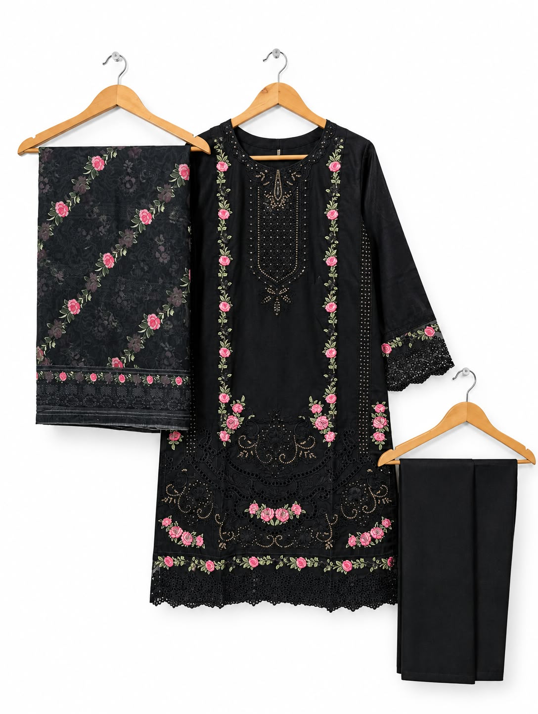 Black Rose Elegance | Embroidered Cambric 3 Piece