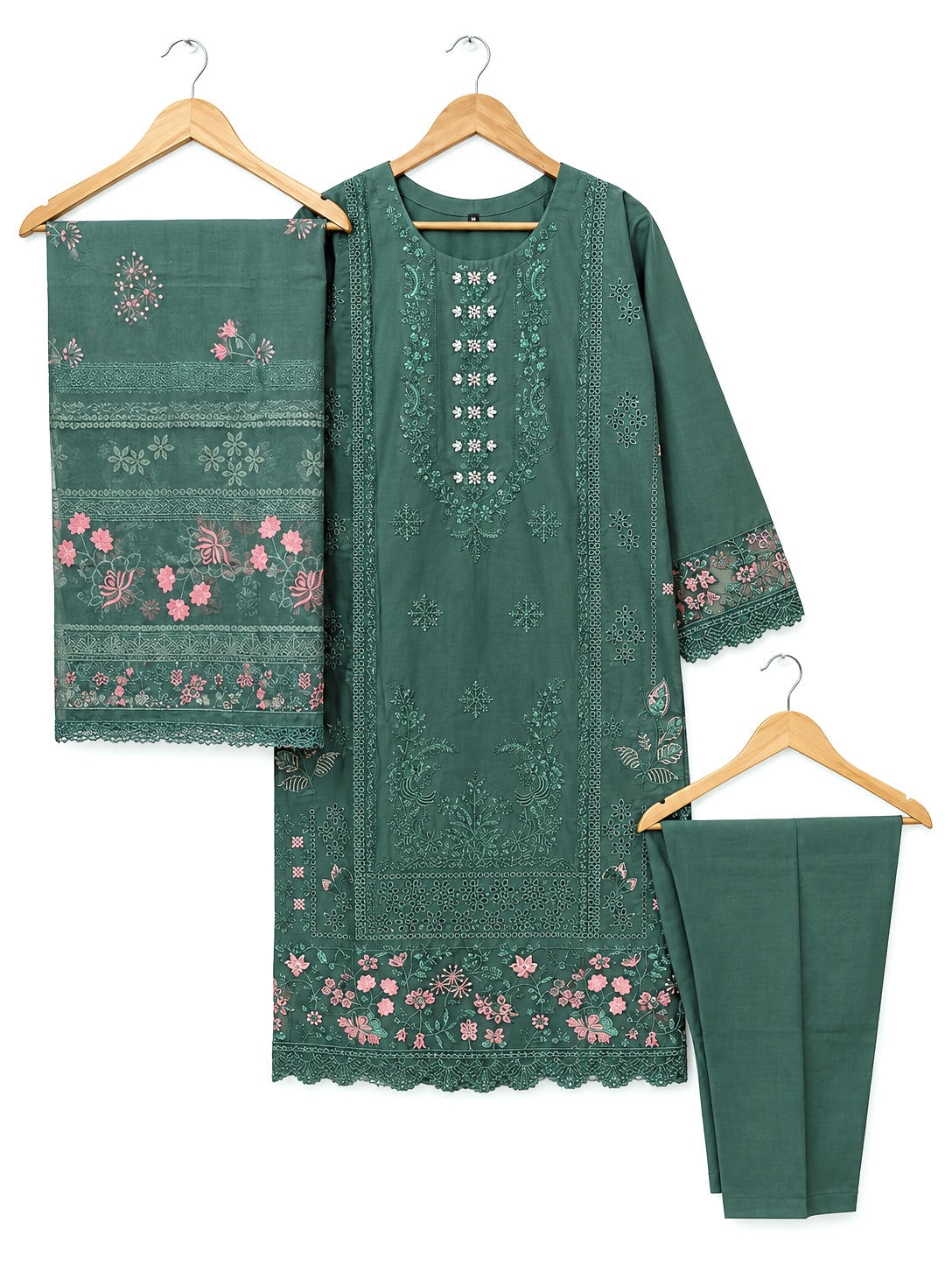 Elegant Teal Green Floral Embroidered 3 Piece Winter Cambric