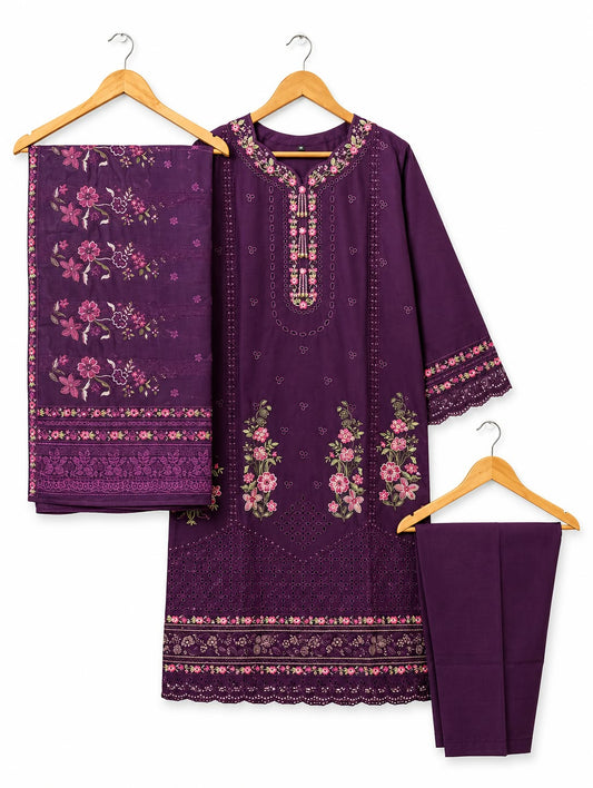 Elegant Plum Floral Embroidered 3-Piece Winter Cambric Suit