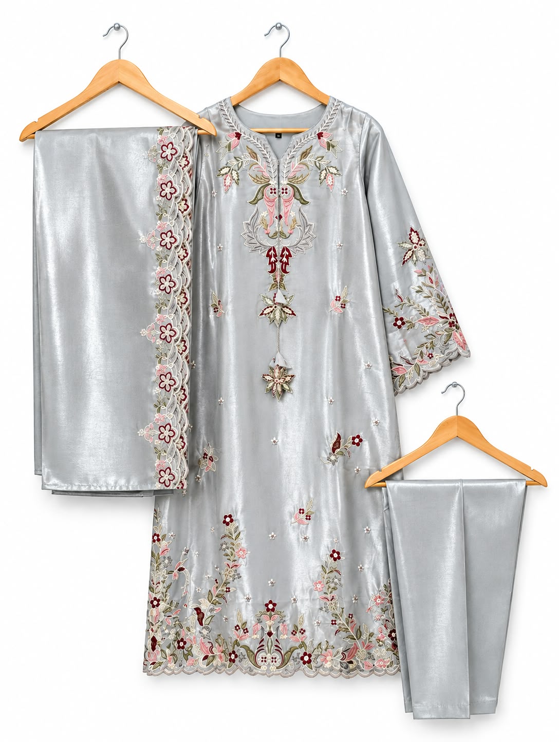 Silver Bloom Embroidered 3-Piece Suit