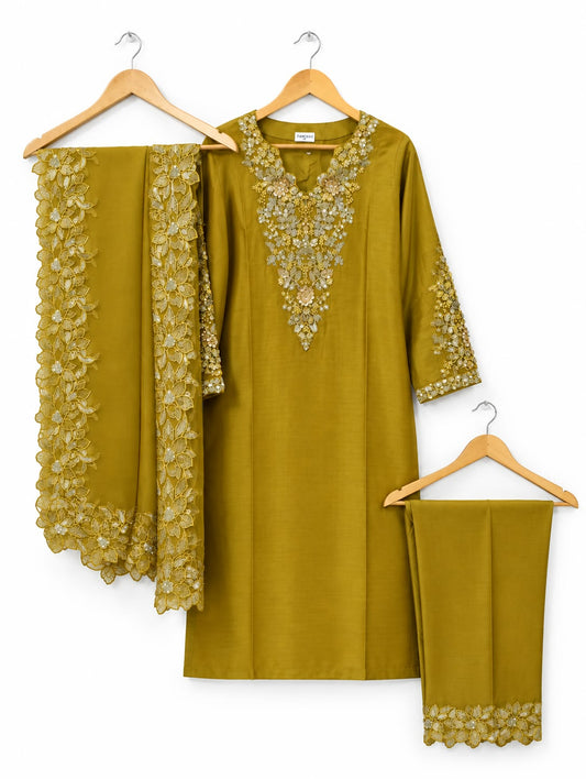 Golden Olive Embroidered 3-Piece Suit