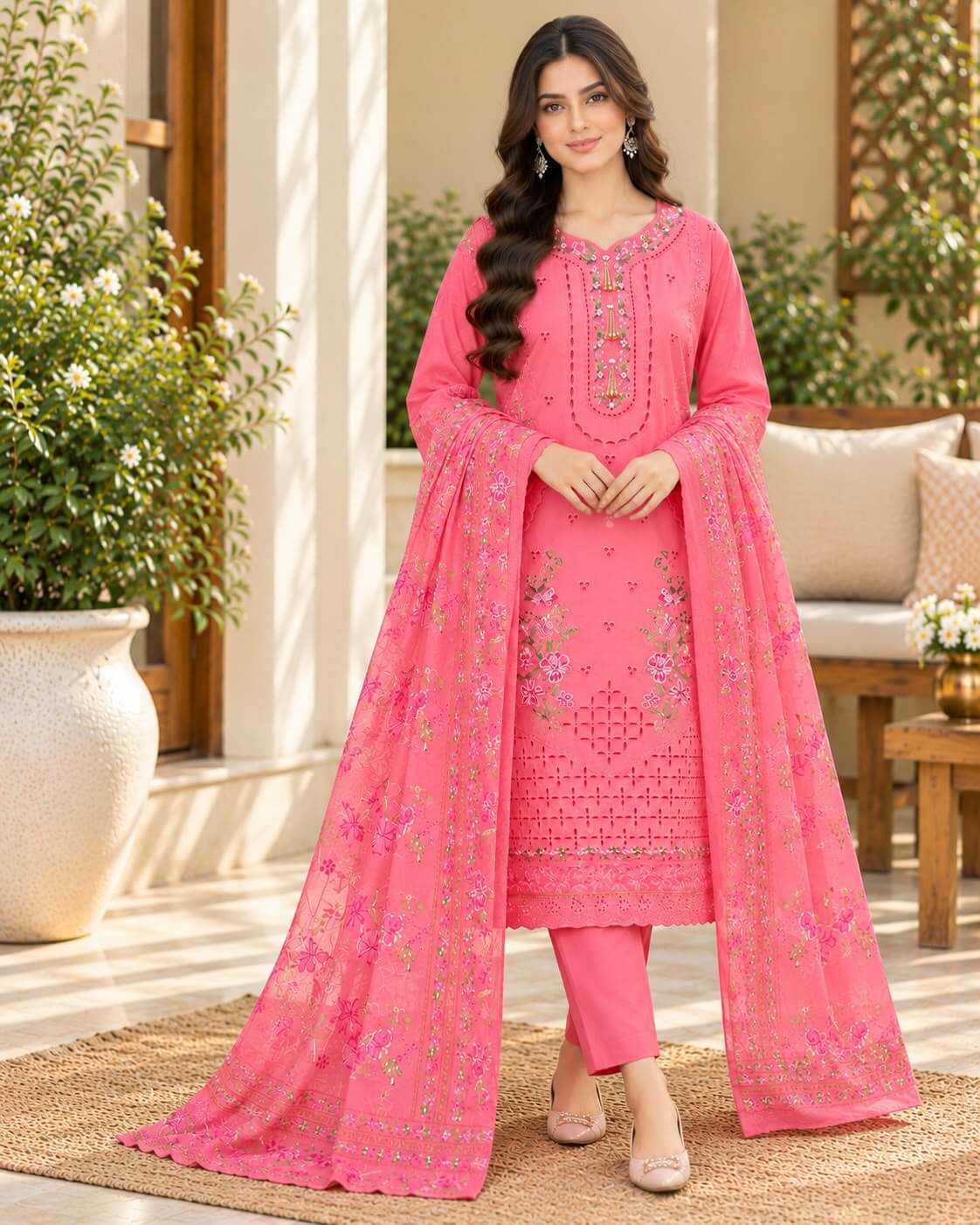 Blush Pink Floral Embroidered 3-Piece Winter Cambric