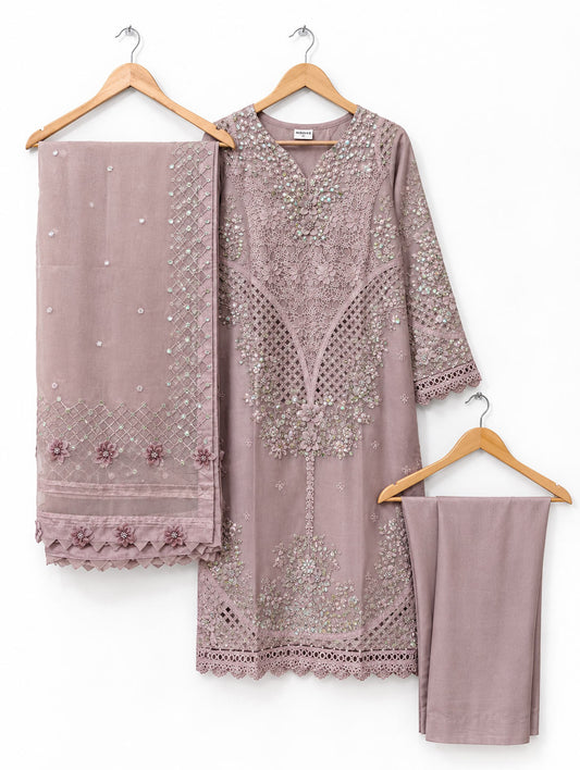 Dusty Mauve Embroidered 3-Piece Formal Suit with Organza Dupatta