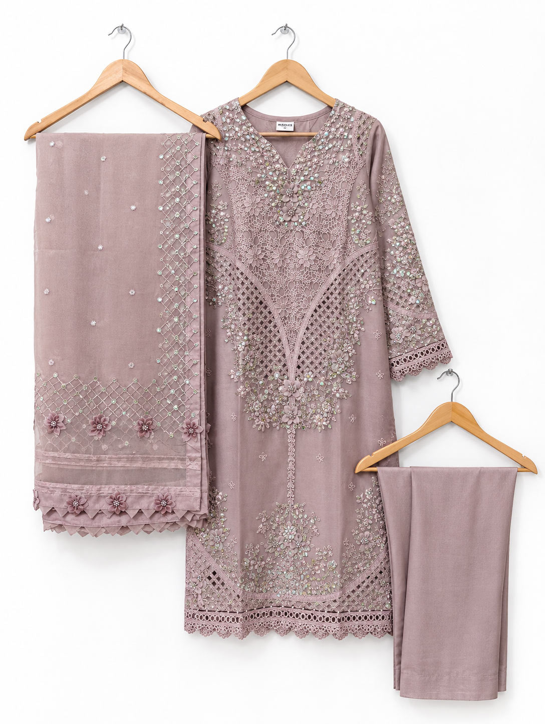 Dusty Mauve Embroidered 3-Piece Formal Suit with Organza Dupatta