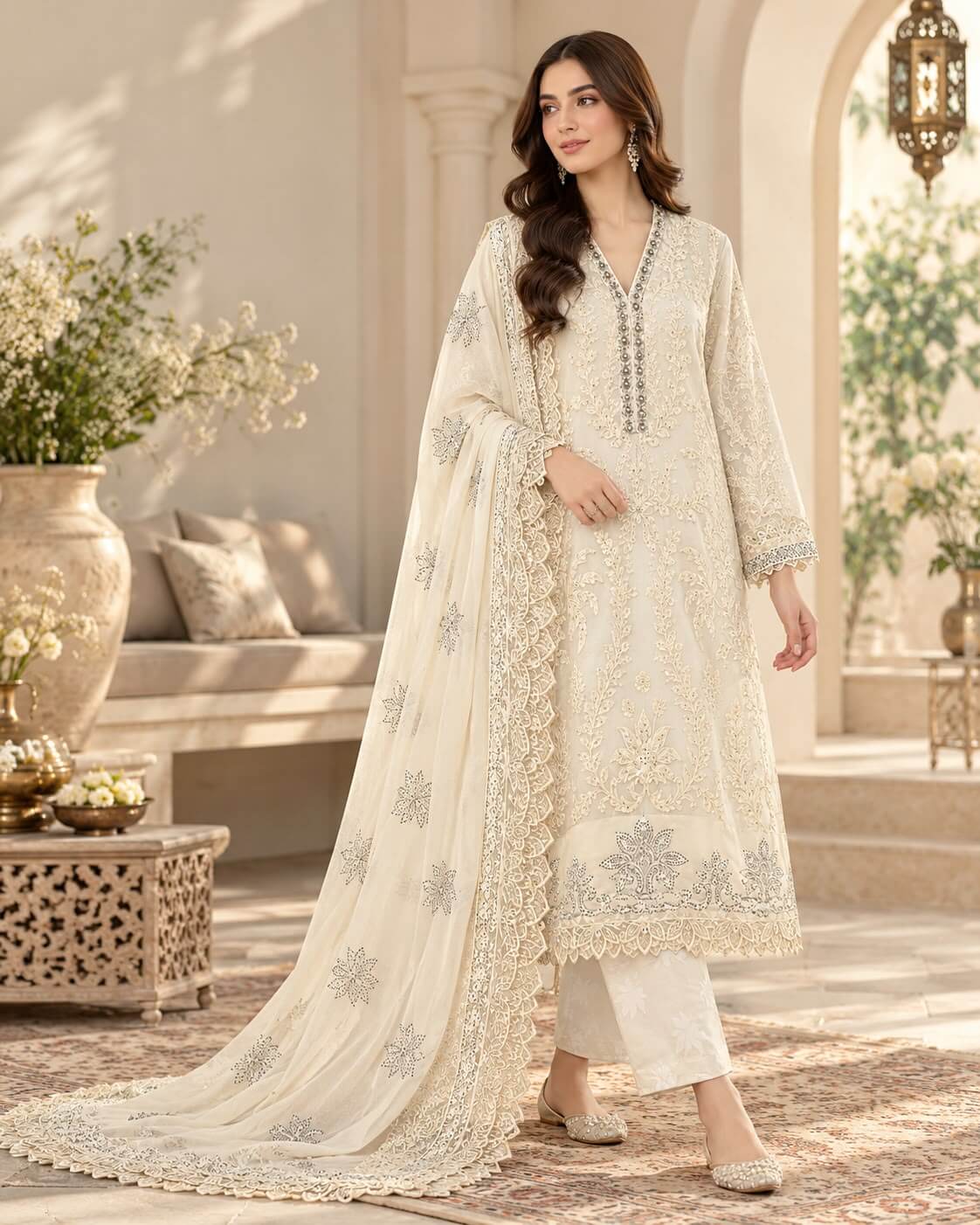 Midnight Noir | Embroidered 3-Piece Suit - White