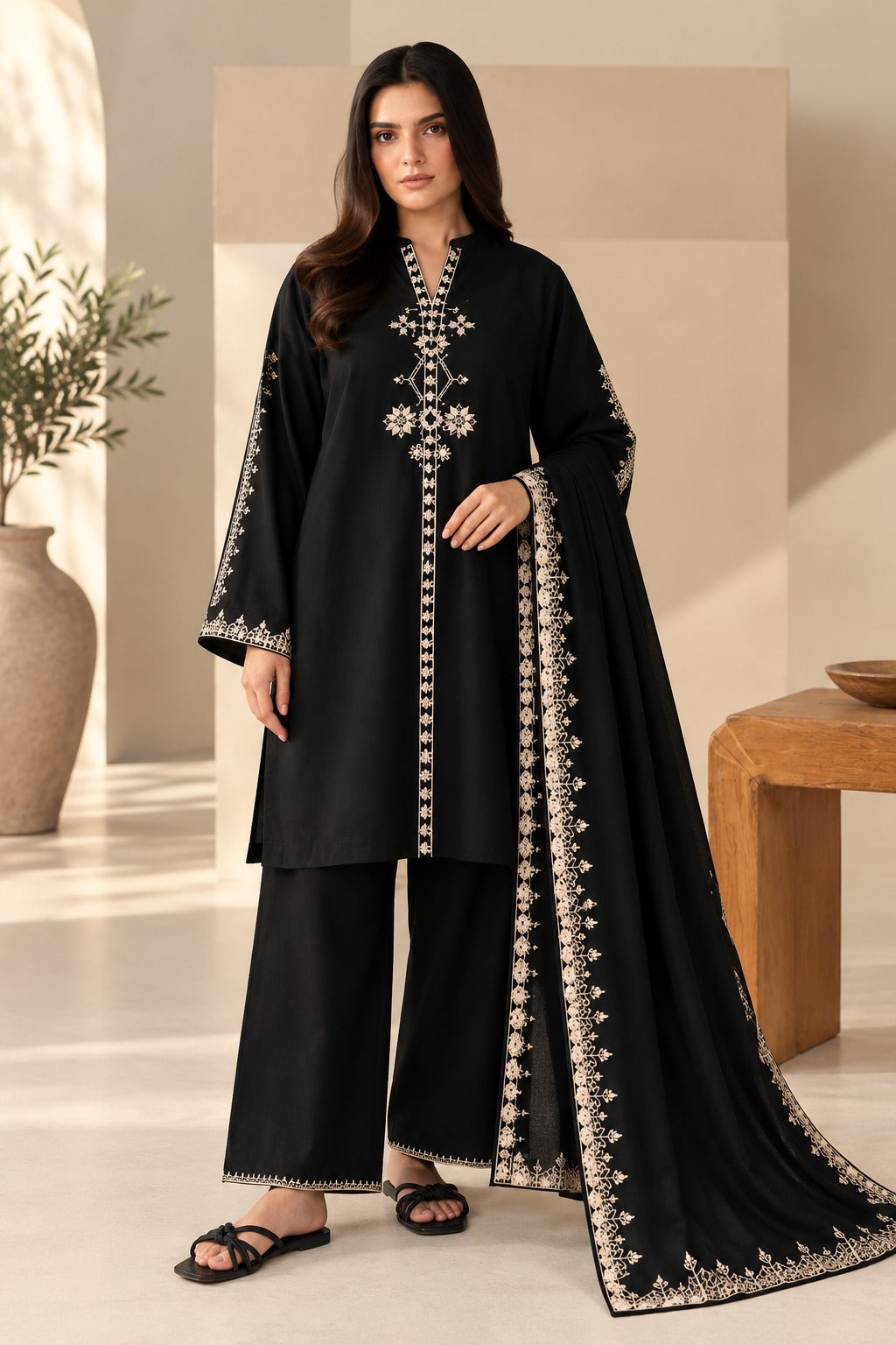 Black Khaddar Embroidered 3-Piece Suit
