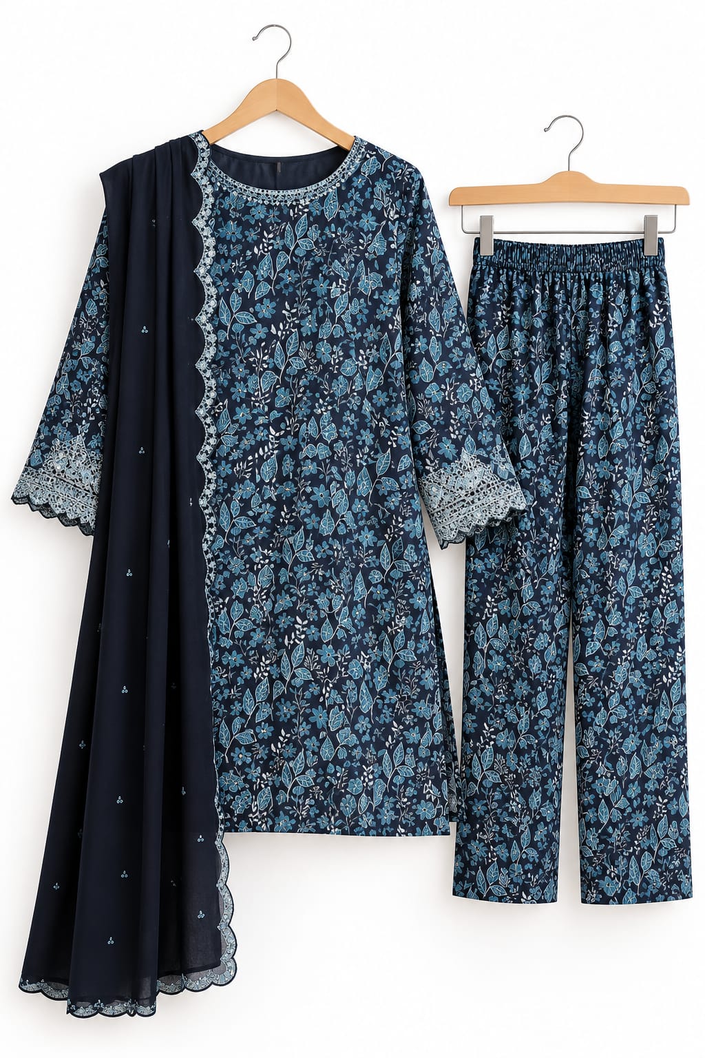 Navy Blue Printed Twill 3-Piece Suit