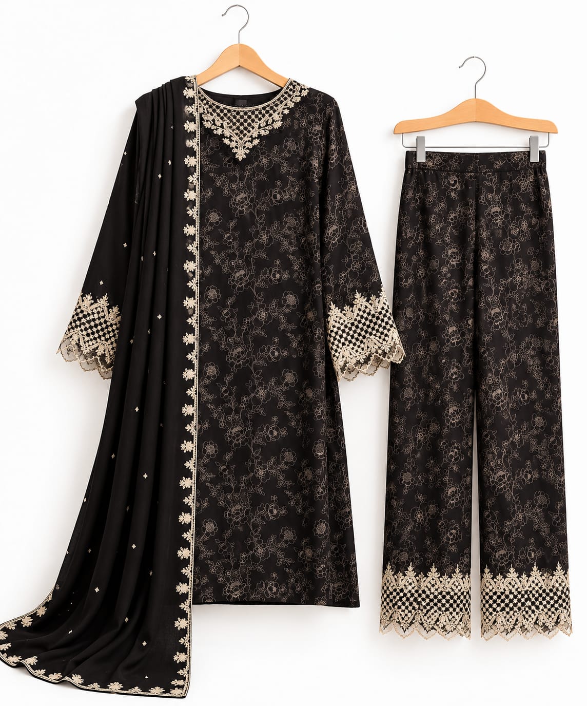 Black Khaddar 3-Piece Suit with Twill Shawl