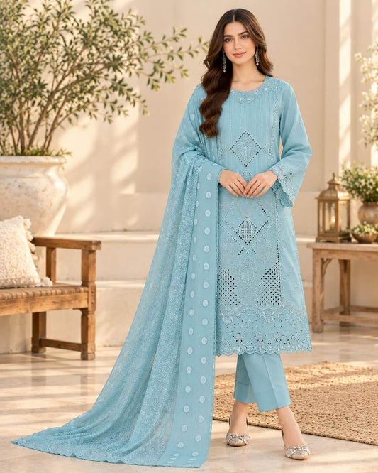 Azure Serenity | Luxury Ice Blue Embroidered 3-Piece Winter Cambric
