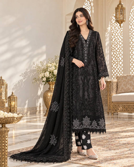 Midnight Noir | Embroidered 3-Piece Suit - Black