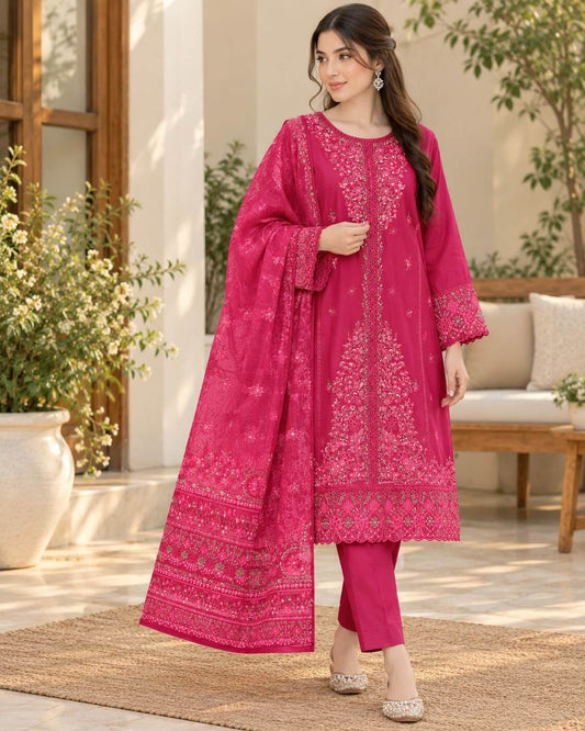 Fuchsia Bloom | Luxury Embroidered Winter Cambric 3-Piece Suit