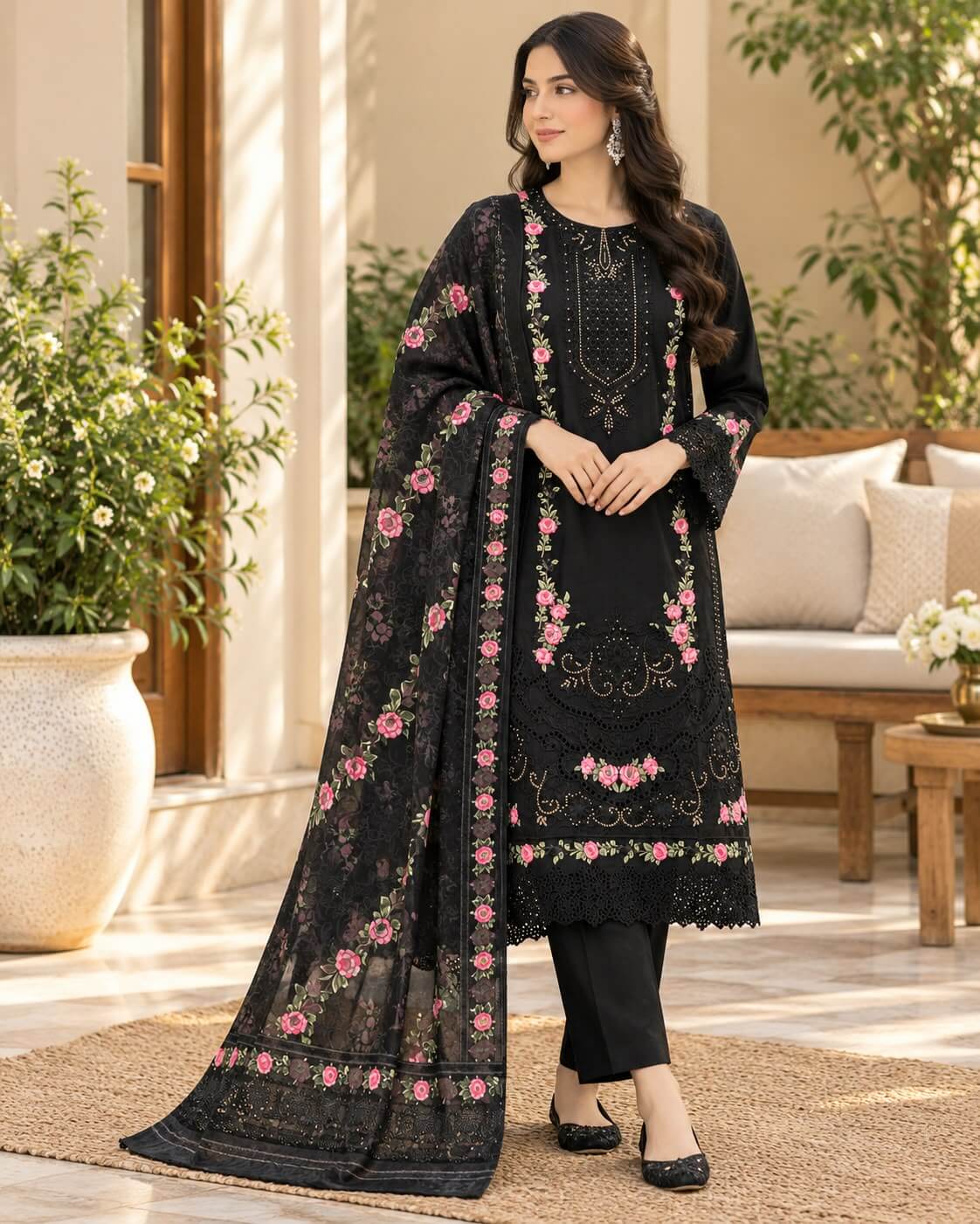 Black Rose Elegance | Embroidered Cambric 3 Piece