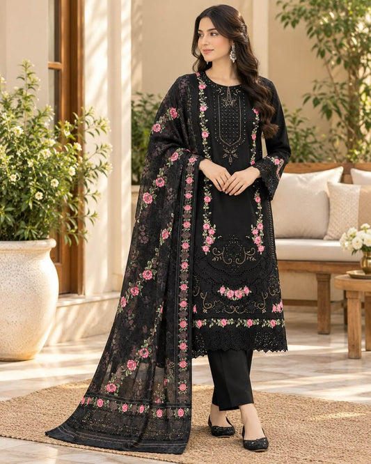 Black Rose Elegance | Embroidered Cambric 3 Piece