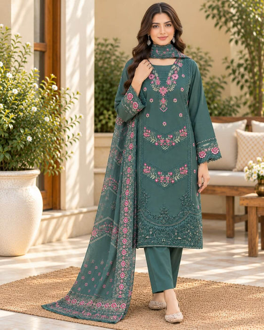 Emerald Bloom Chikankari Embroidered Winter Cambric 3 Piece Suit
