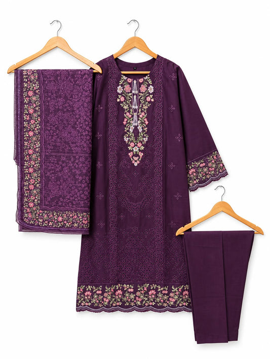 Royal Plum Floral Embroidered 3-Piece Winter Cambric Suit