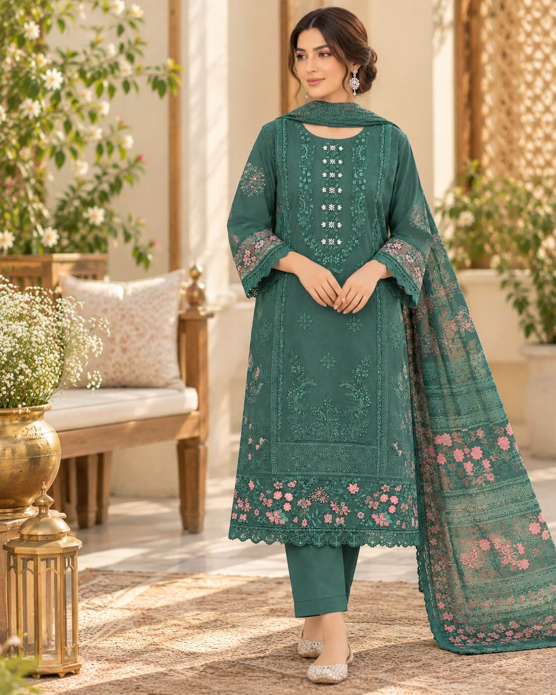 Elegant Teal Green Floral Embroidered 3 Piece Winter Cambric