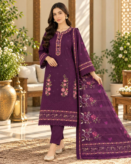 Elegant Plum Floral Embroidered 3-Piece Winter Cambric Suit