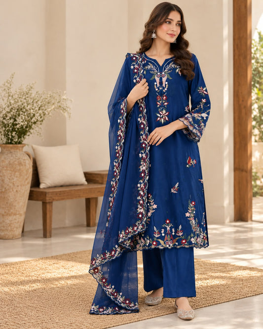 Royal Sapphire Floral Embroidered 3-Piece Suit