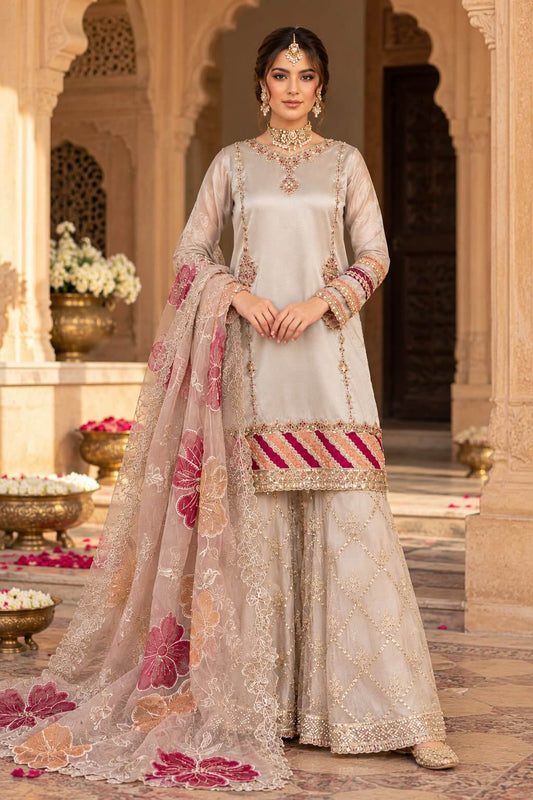 Royal Champagne Embroidered 3-Piece Formal Dress with Sharara & Organza Dupatta