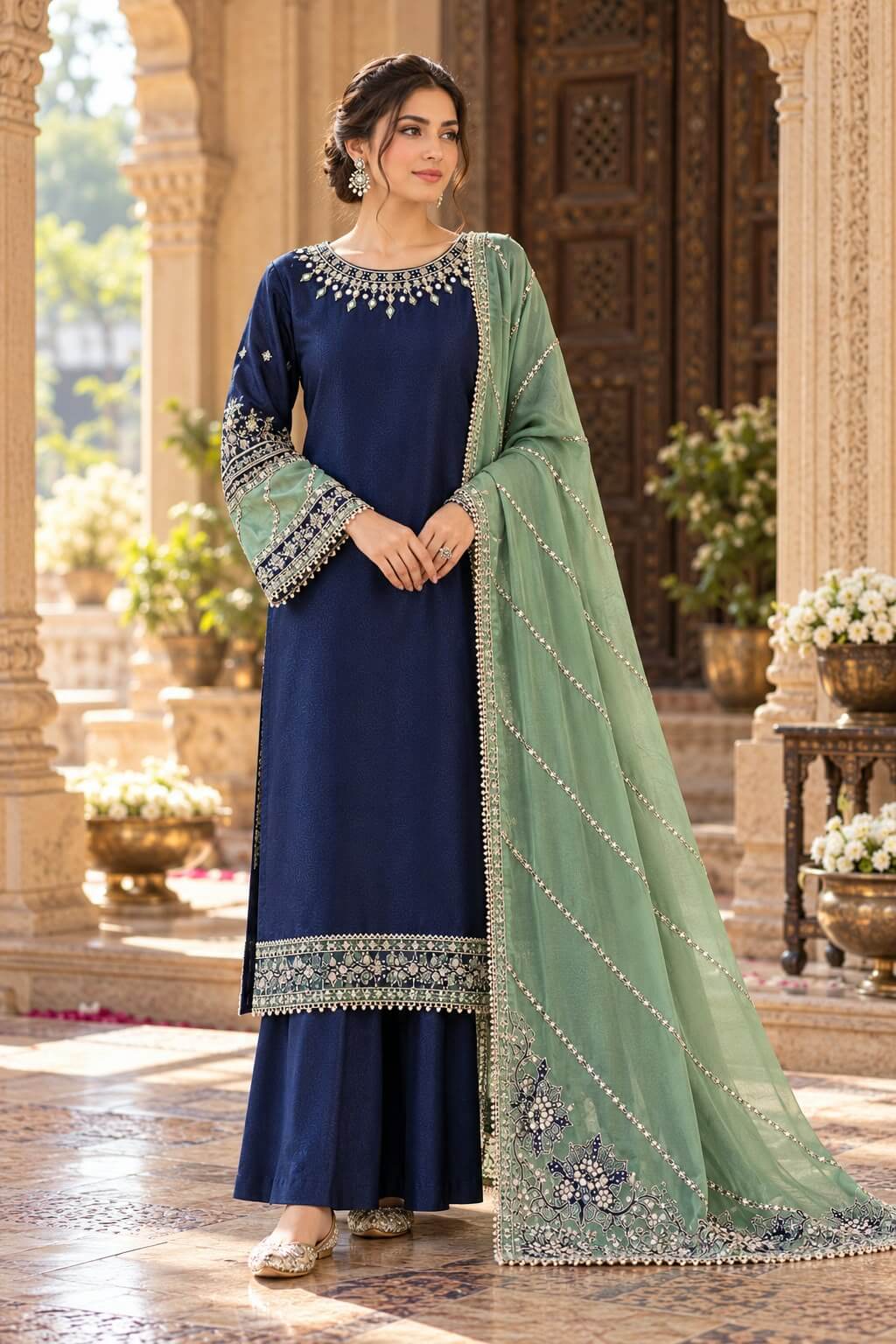 Midnight Blue Embroidered 3-Piece Formal Suit with Sage Green Dupatta