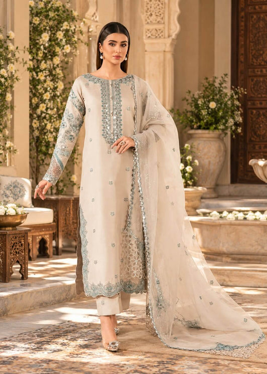 Elegant Ivory Embroidered 3-Piece Formal Suit with Organza Dupatta