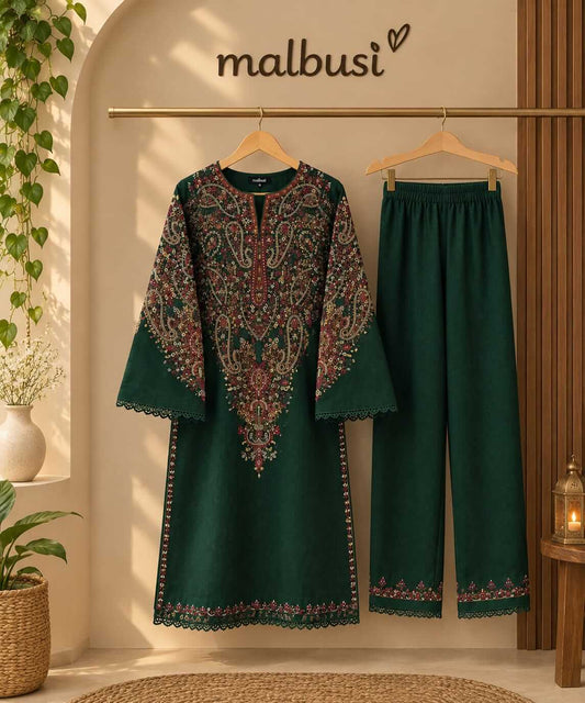 Dhanak Printed Deep Green 2-Piece Suit