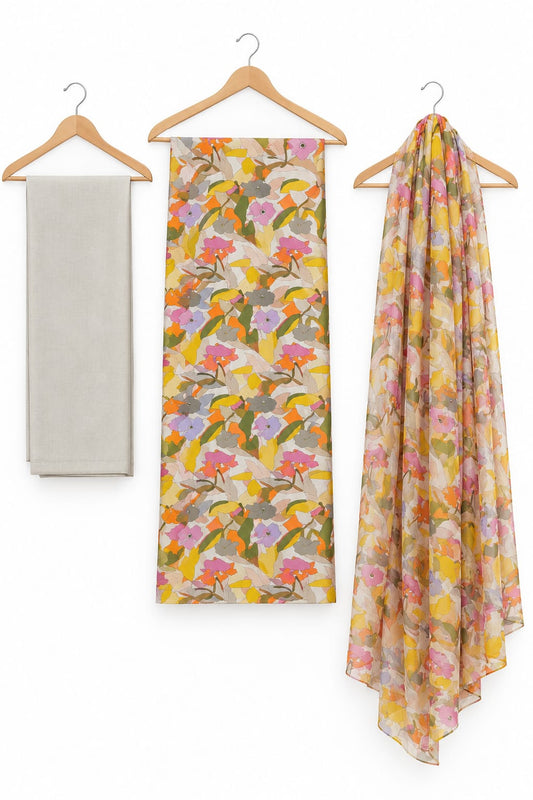 Multicolor Floral Printed Linen Suit with Chiffon Dupatta