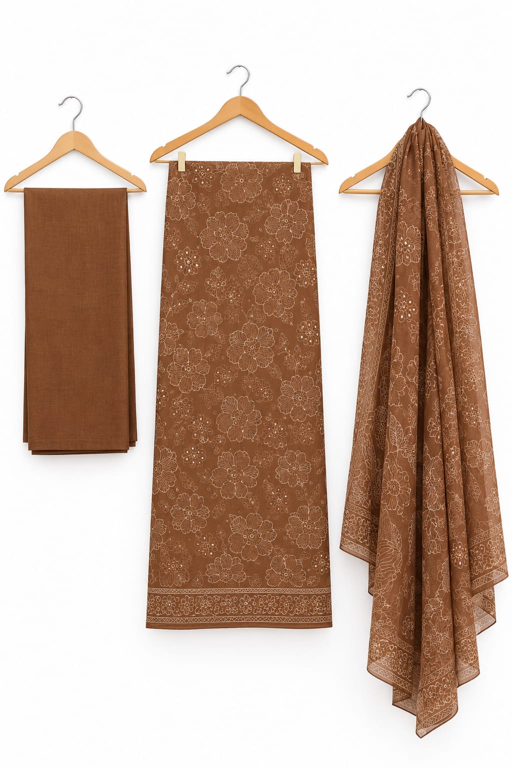 Brown Floral Printed Linen 3-Piece Suit with Dupatta