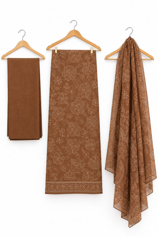 Brown Floral Printed Linen 3-Piece Suit with Dupatta