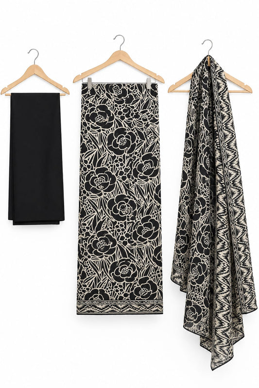 Black & White Printed Linen 3-Piece Suit with Printed Dupatta